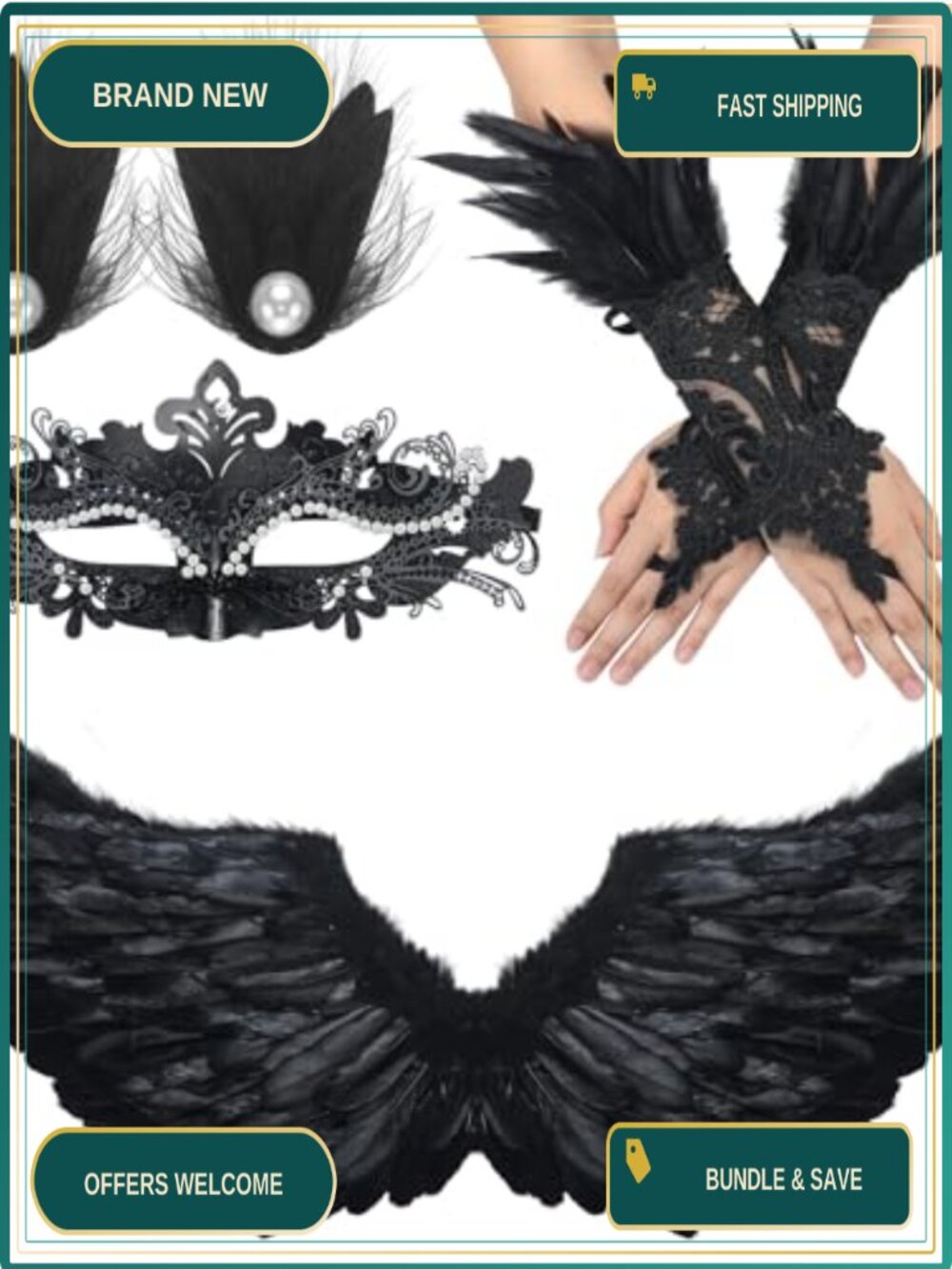 Feather Swan Costume Accessory Set Wings Gloves Mask Hairpins
